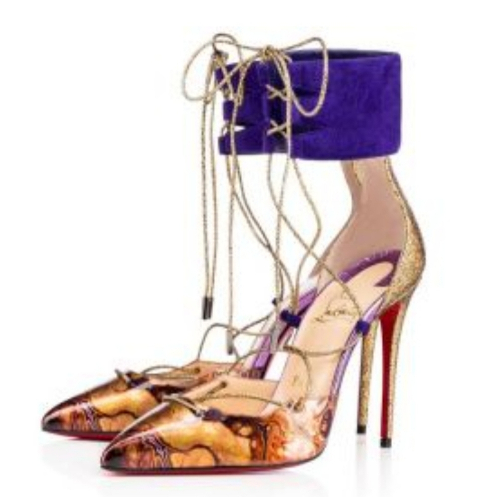 Christian Louboutin Purple and Gold Lace-Up Heels Corsankle 100